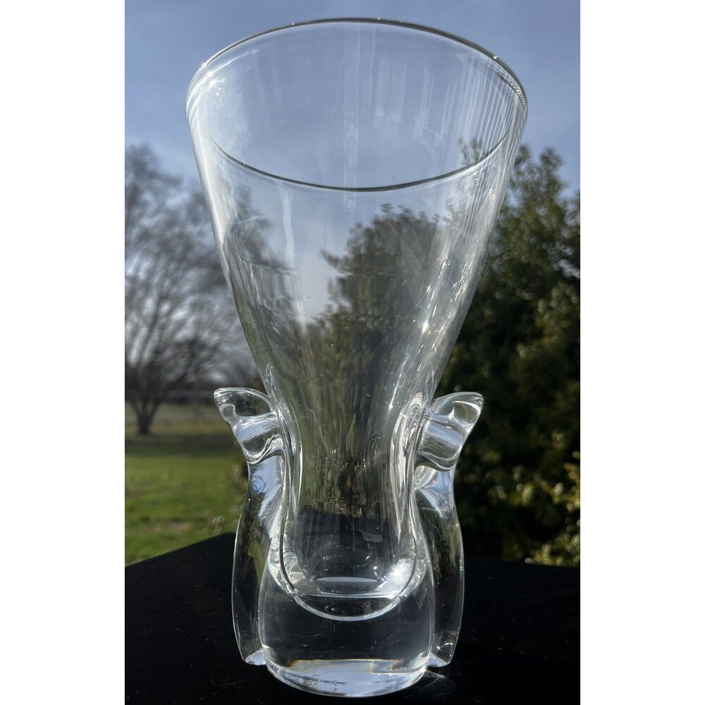Steuben Art Glass Clear Crystal Flower Vase Lloyd Atkins Lyre Signed Vintage MCM